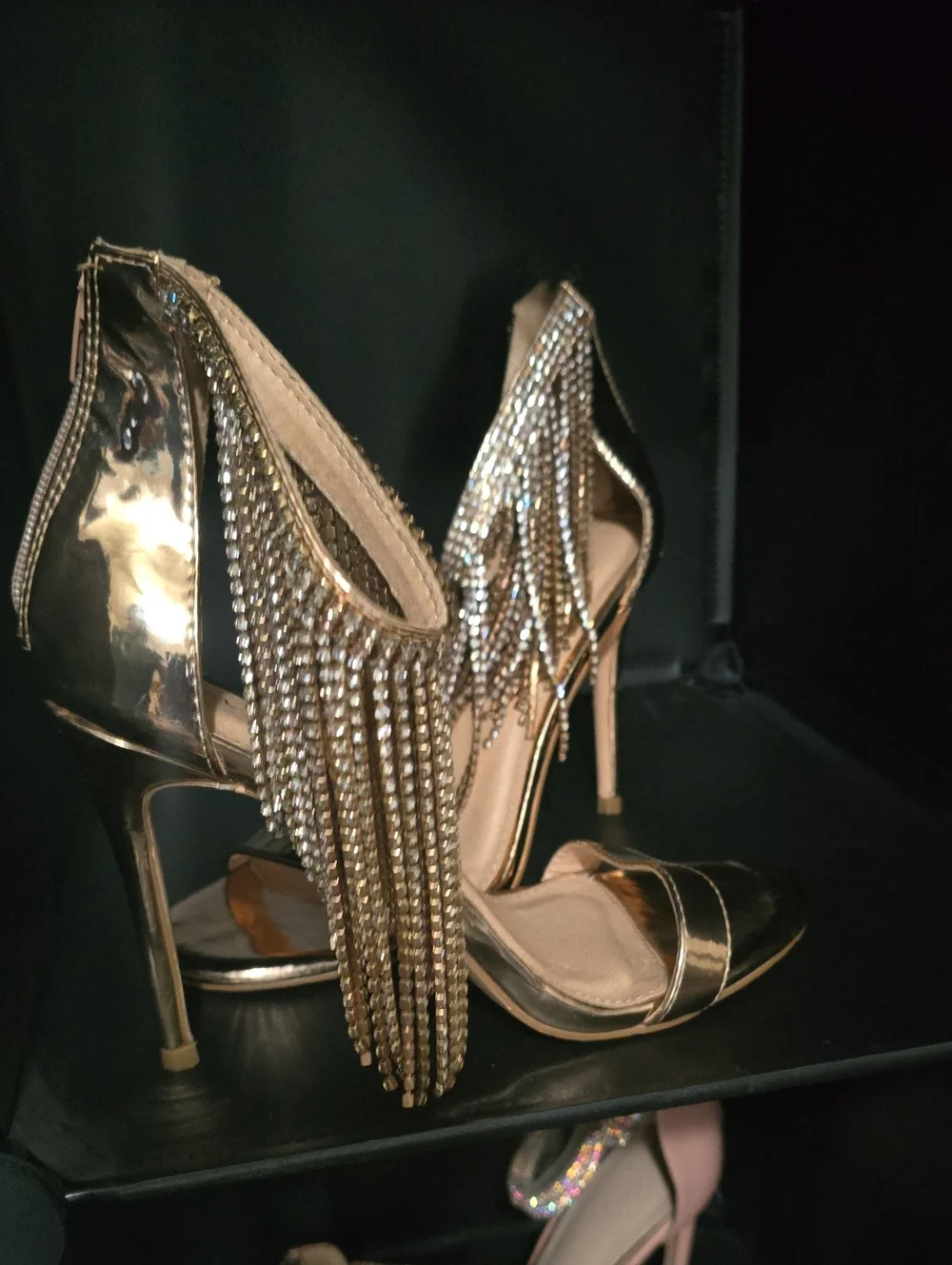 Gold Fringe Crystal Chain High Heel Sandals - Women's Evening Shoes
